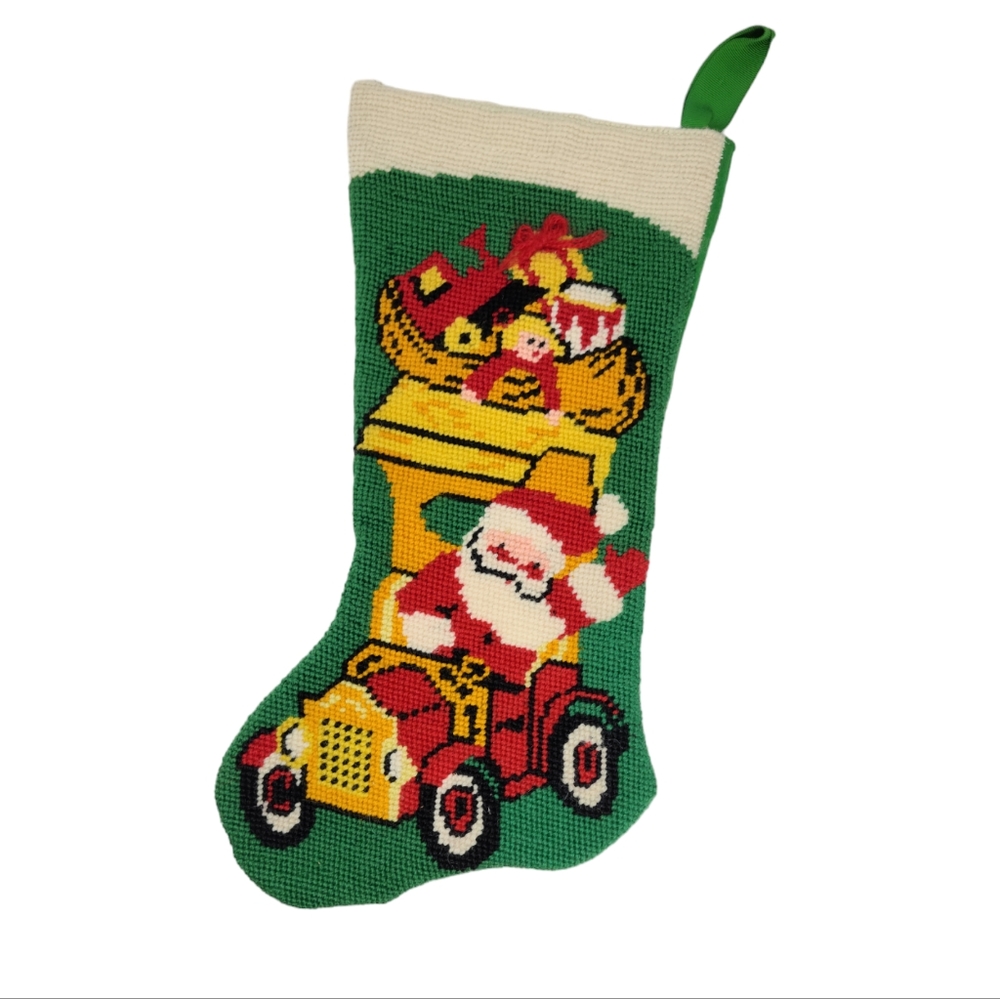 Vintage Finished Bucilla Needlepoint Christmas Stocking Wool Santa Toys